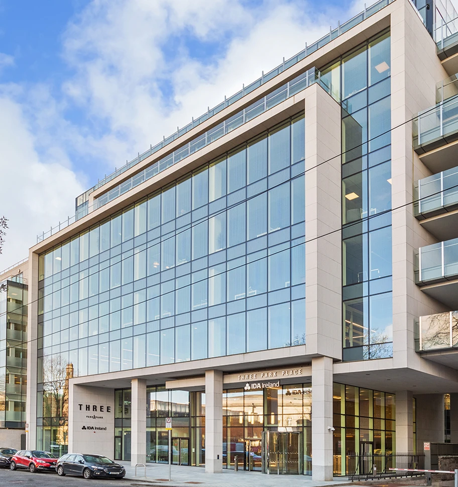 Street view of entrance to Three Park Place building.