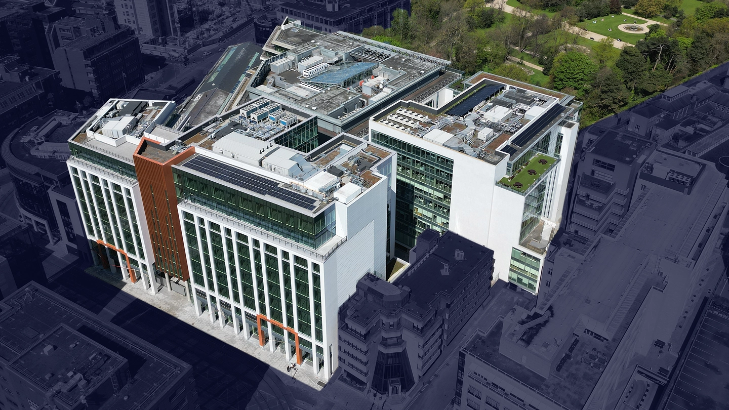 Aerial view of Park Place campus and Iveagh Gardens.