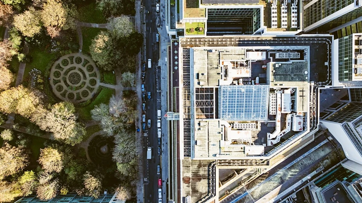 Aerial view above Iveagh Gardens and Park Place