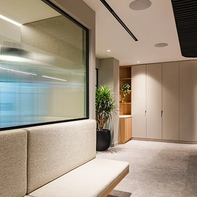 Window, seats and storage space within a meeting room.