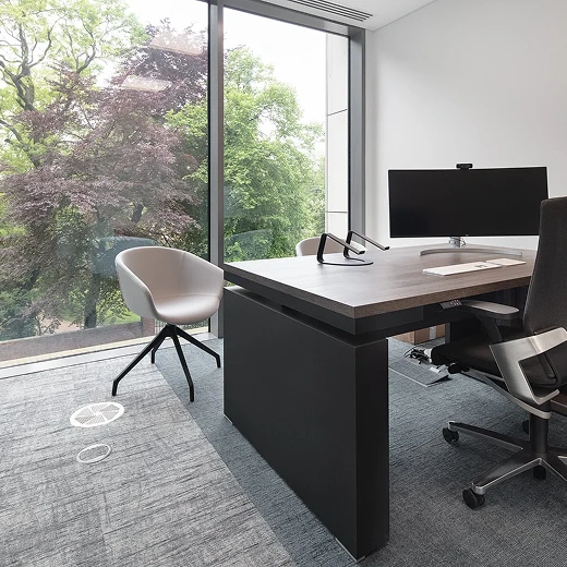 Office with window overlooking a park.