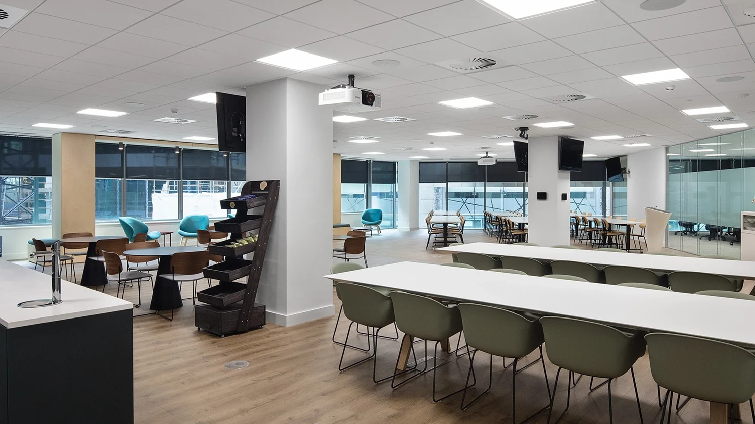 Large kitchen area and coffee station.